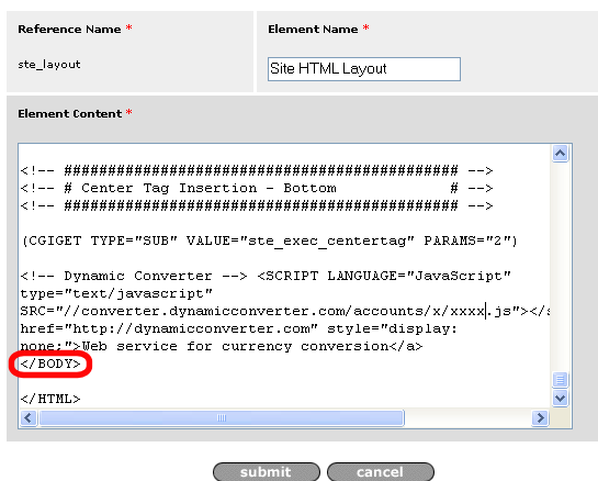 Paste installation string into the text box just before close body tag.